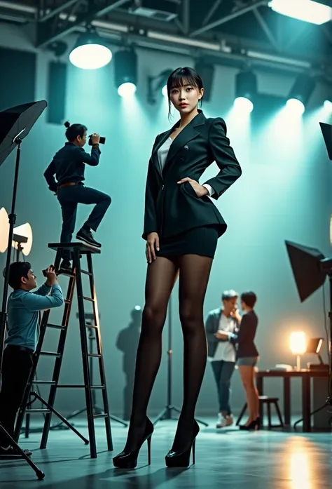 wide-angle photoshoot scene, a giant chinese female celebrity striking more sensual and seductive poses in a professional studio...