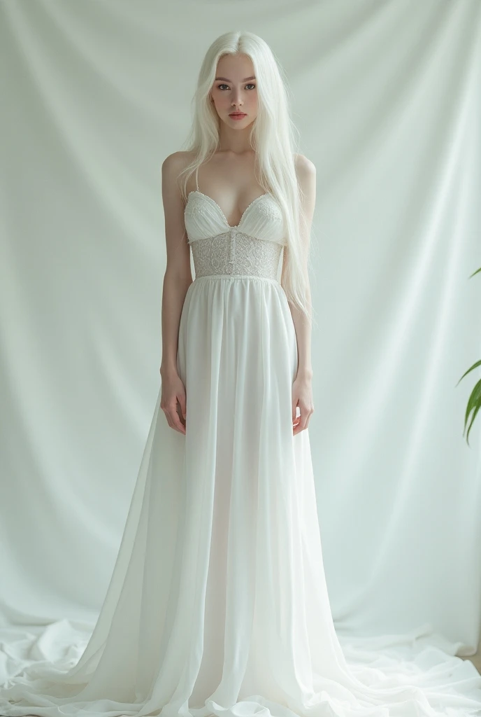 Crrate a full length releastic image of a very beautiful albino women