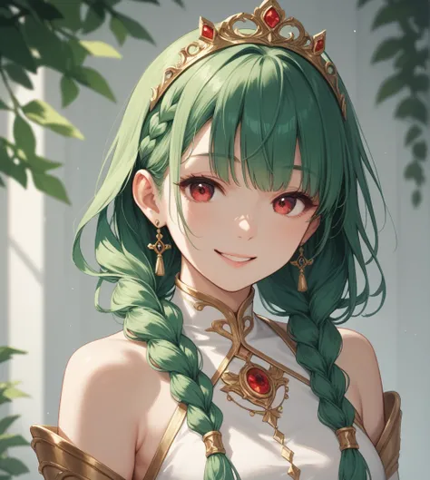 long hair, bangs, green hair, twin braids, smile, red eyes, tiara, 