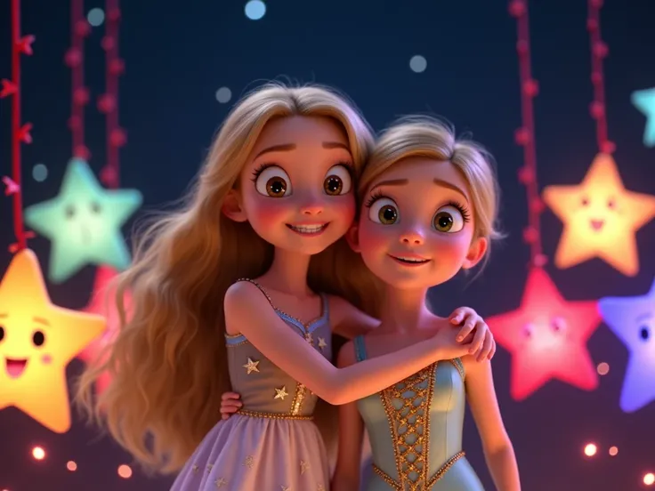  image for the story of a YouTube video in Pixar format, a girl with long blond hair,  dressed in a beautiful dress with patterns of stars and a Bright Star ,  sparkling with all the colors of the rainbow ,  enjoying the holiday among dancing stars .  Star...