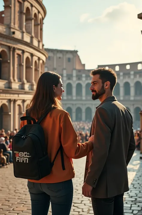 A woman and a man meeting at the Coliseum ,   the woman will have a backpack from Free Fire and a blouse written on nutrition,   he will have a computer with the Microsoft logo on his hand and dress .