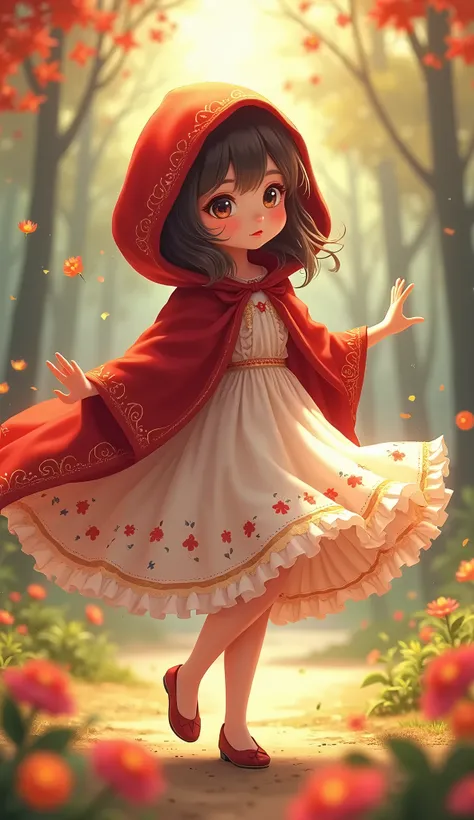 cute anime girl, little red riding hood, dancing, peaceful, beautiful detailed eyes, beautiful detailed lips, extremely detailed face and features, intricate detailed dress, vibrant colors, warm lighting, highly detailed, masterpiece, 4k, photorealistic, p...