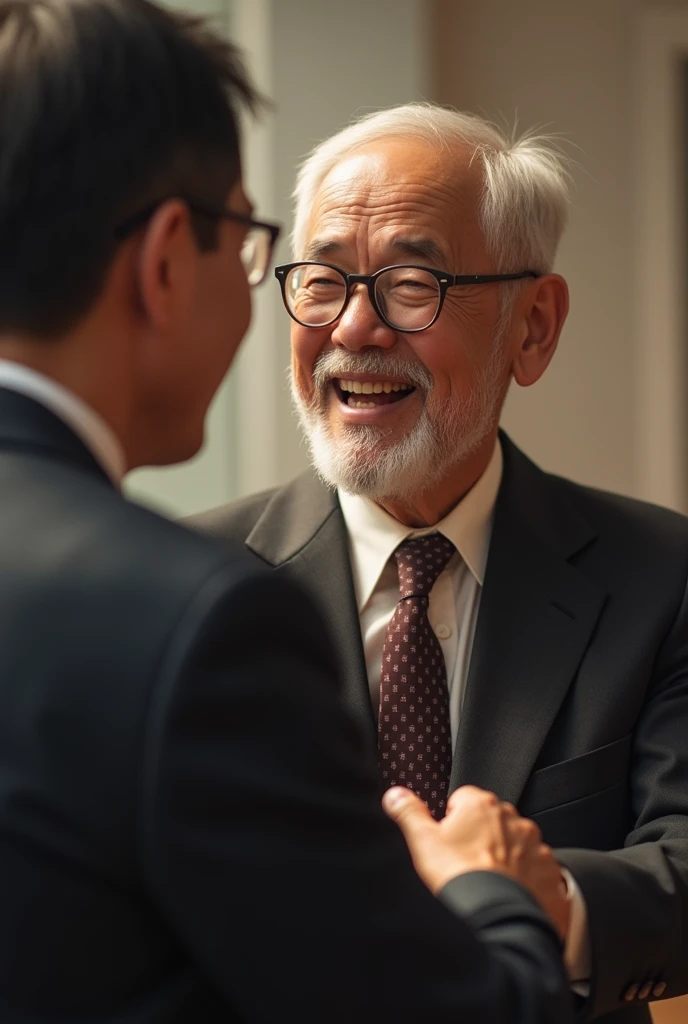 A knowledgeable older Vietnamese man wearing a suit tie wearing glasses with super excited expression.joy shaking hands with old friend  