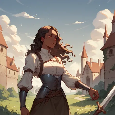 a mature dark skin woman in her late 20s has long wavy hair and red eyes. she wields a sword with one hand and is wearing medieval clothes. she stands outside a castle.