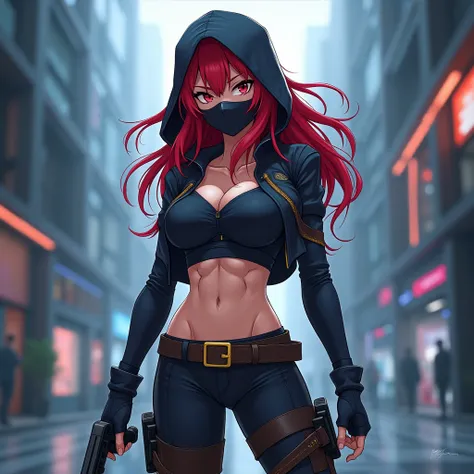 A beautiful female red coated assassin with hoodie, masked face, sports bra, exposed midriff, gloved hands, combat boots and black trouser pants. Virtual idol and slightly futuristic in anime style. 