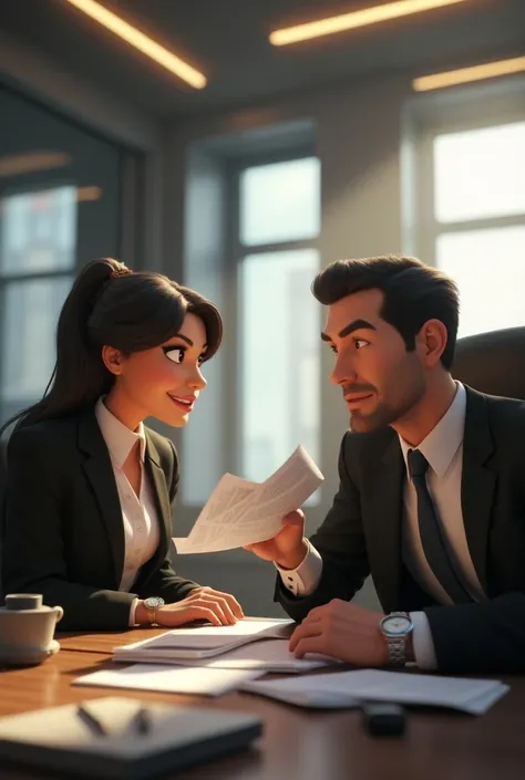 Create a realistic pixar image in 3D with two full-body characters, a woman handing over angry accounting documents to her handsome boss