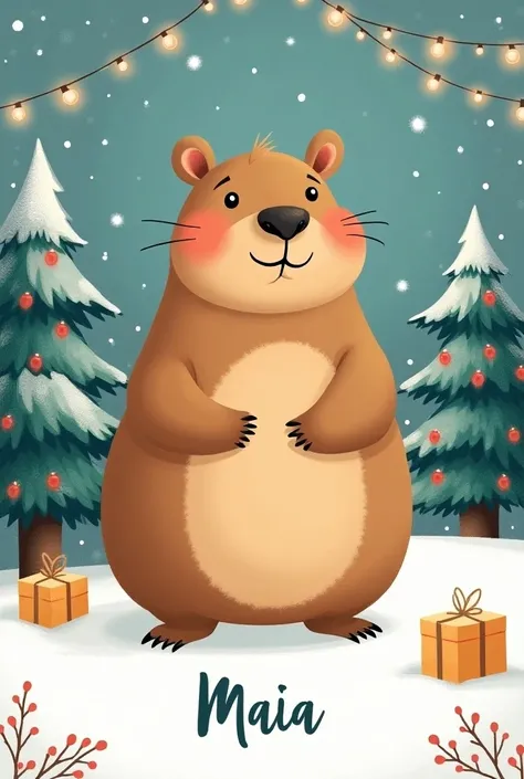 Capybara on a Christmas card and below that says "Maia"