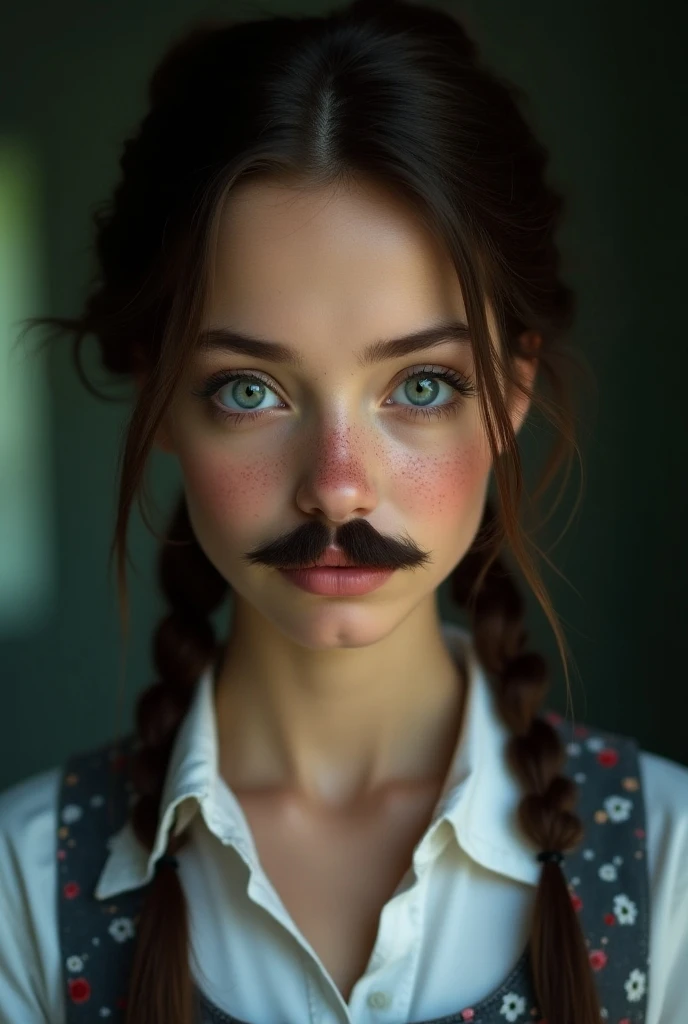  A girl dressed as a schoolgirl , white-skinned , but with a little freckles ,  really is a little tanned,  with a face similar to Megan Fox ,  and the mustache of Freedy Mercury and her eyes are dark blue 