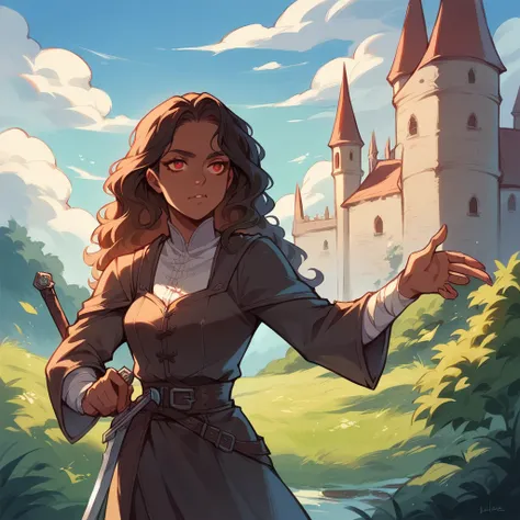 a mature dark skin woman in her late 20s has long wavy hair and red eyes. she wields a sword with one hand and is wearing medieval clothes. she stands outside a castle. she has a confident look on her face.