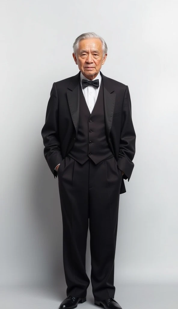 ((masterpiece)) ((photography)) ((Highest quality)) A realistic portrait of a 70-year-old man with gray hair, standing in a formal pose against a clean white background. He wears a classic dark suit with a bow tie, giving a sense of wisdom and elegance. Hi...