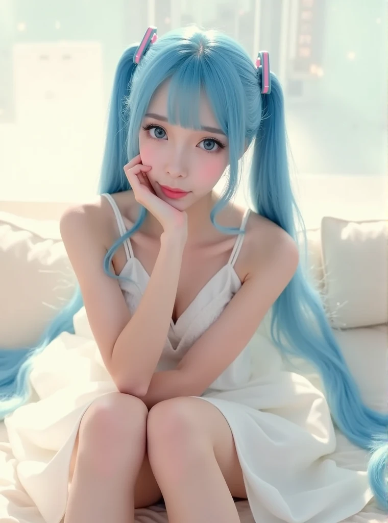 hatsune miku, blue hair, twintails, white dress, stockings, wariza