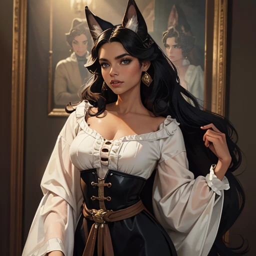 Twenty five year old, woman, brown skin, brown eyes, full lips, long black hair, white fox ears, demihuman, regency era, waist up, Solo, High Resolution, Masterpiece, Anatomically Correct, Accurate, Best Quality,