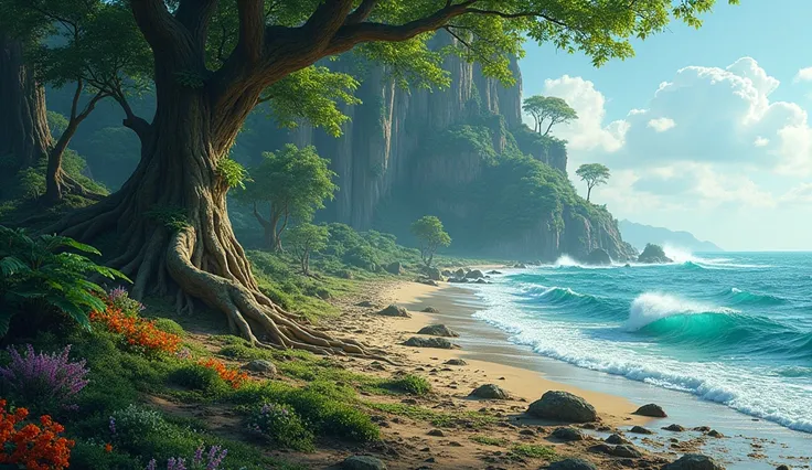 
Third Day: "An image showing the formation of land, with lush green plants and towering trees emerging from the earth. The background includes the ocean waves meeting the new land."