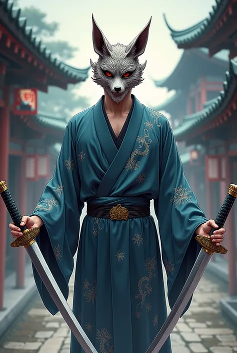 , a man wearing a Kitsunen Meng mask,Wear a yukata, There are three swords Anime 
