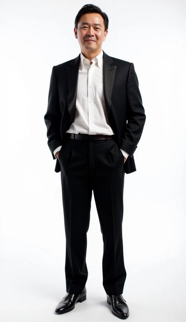 ((masterpiece)) ((photography)) ((Highest quality)) A realistic portrait of a slim 60-year-old man with dark hair, standing confidently against a white background. He is dressed in a sleek dark tuxedo, with a sharp and sophisticated look. His posture is up...