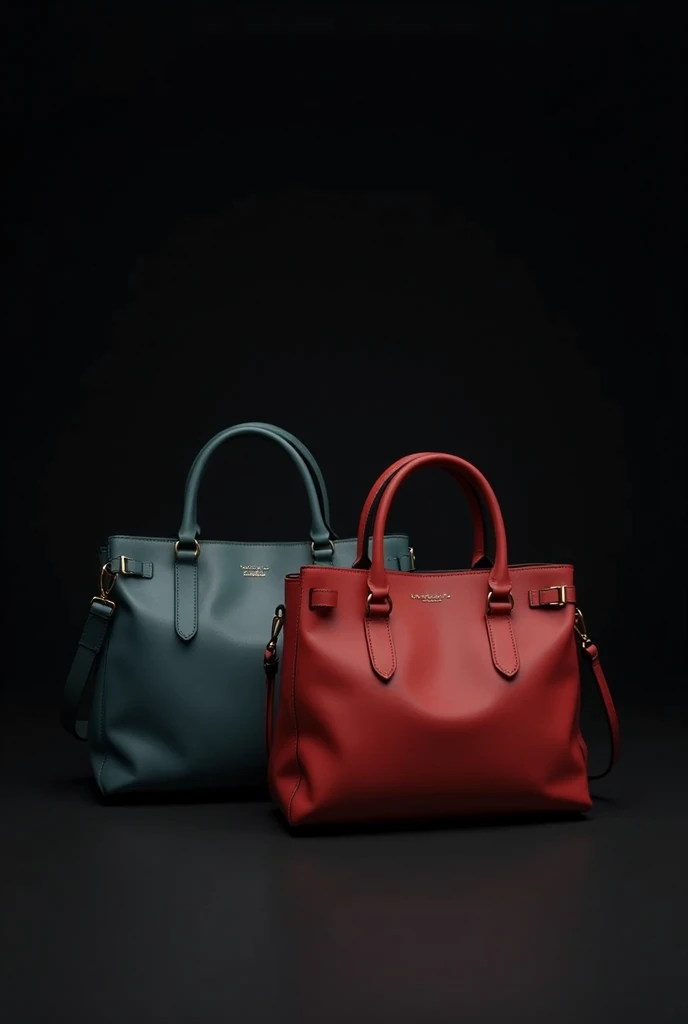  Cinematic frame of two identical but different colored bags for women,  with an integrated panel inside the bag to place personalized images   ,  dark background , quality photo, Studio photo,  text, high budget, epic,  awesome, the bag should look techno...