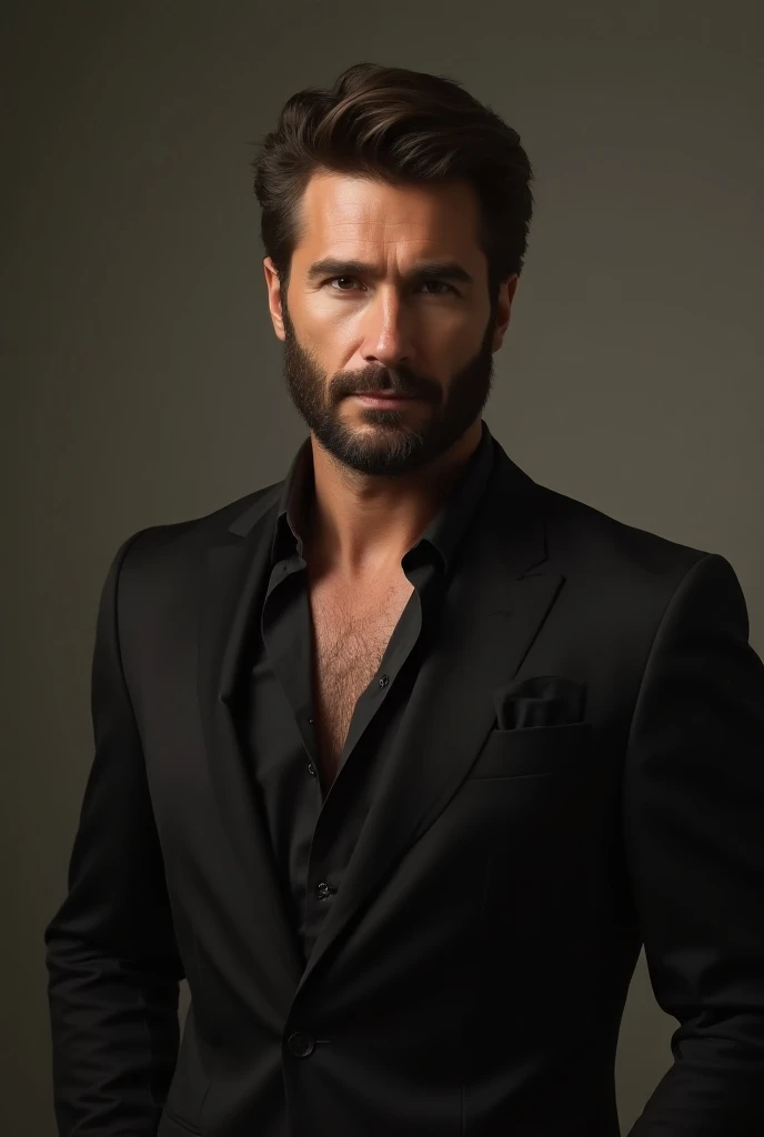 earded man, early 40s athletic brown hair short, wearing an elegant black and brown suit , shirt open, sexual, sexy, seductive