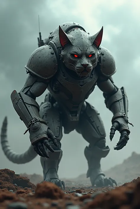 Create a powerful, armored, mechanical cat-like creature in a post-apocalyptic landscape. The creature has a rugged, metallic shell with large bike protruding from its back, giving it a bike like appearance. Its face is fierce and intimidating, with glowin...