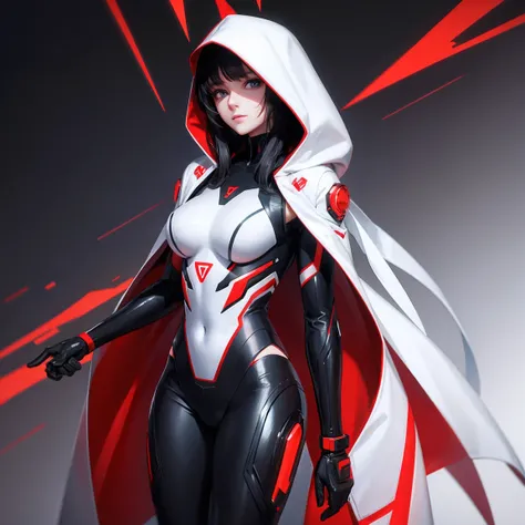  A humanoid agent , made of errors and glitches , computer virus ,  wearing a white cover and hood with red details , half enigmatic and fragmented giving a sinister artificial smile,anime art.