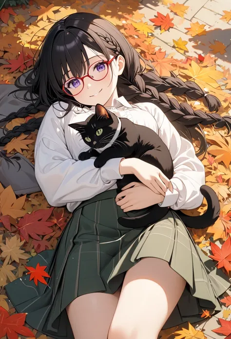 masterpiece, best quality, 8k, ultra detailed, 1 girl, black hair, one braid, purple eyes, small breasts, brown cardigan, white blouse, dark green kilt skirt, thin red frame glasses, white socks, dark brown ankle boots, hugging a cat, park, lying on pile o...