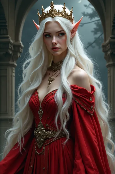 a woman with long white hair wearing a crown and a red dress, epic exquisite character art, beautiful and elegant elf queen, beautiful character painting, fantasy concept art portrait, portrait of an elf queen, dark fantasy style art, stunning character ar...