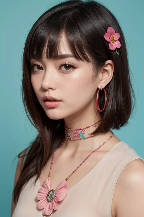 、Portrait of a young woman with short black bob hair。Her straight cut bangs lightly fall over her eyebrows.、Her long eyelashes are impressive, and her deep eyes are very attractive.。Her lips are plump and naturally pink.、Neutral makeup brings out her delic...