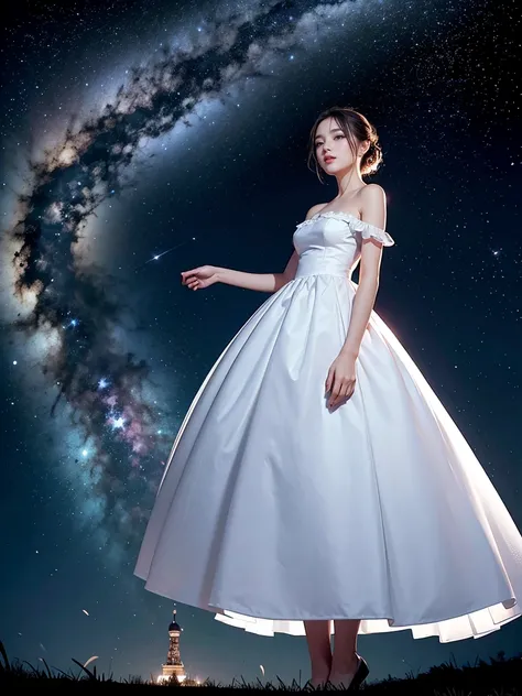 Night Grassland。Vast Sky, The Big Dipper shines brightly 。 there is a beautiful woman standing there,  Wearing a White Dress .。