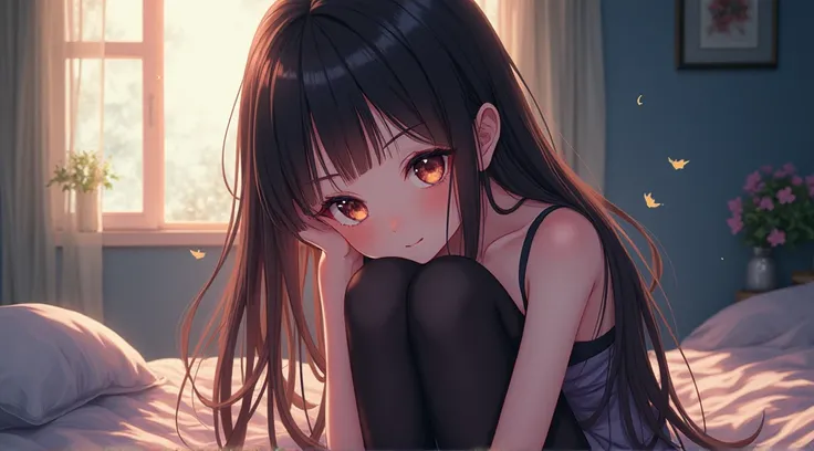 Best Quality、16k、 very cute woman、 baby face 、 detailed eyes on board、anime、 high detail　 I have long hair、 shy 、 has a young face、Looking at the viewer and smiling、 elementary school girl、 black tights stockings 、underwear、 beautiful illustration、 beautif...