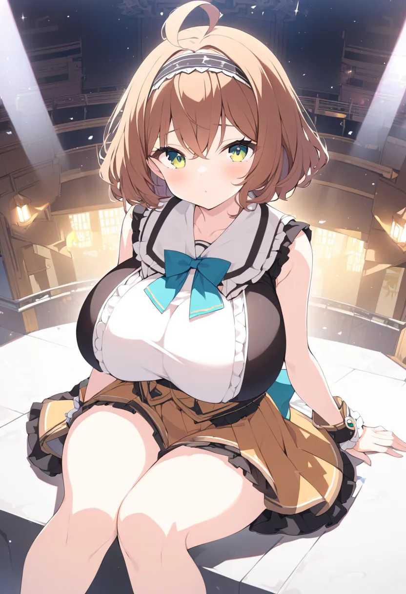 huge breasts， looking at the camera，bare legs，thighs，tits, brown hair, knees，ahoge,  short hair,  yellow eyes, brown , headband,...