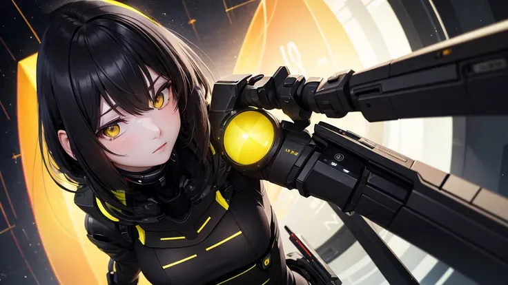 from future intelligence, technology background, complex mission, sudden mystery, unexpected result, unknown variables, strange data, confident look, space black pioneer dress, yellow eyes, black hair