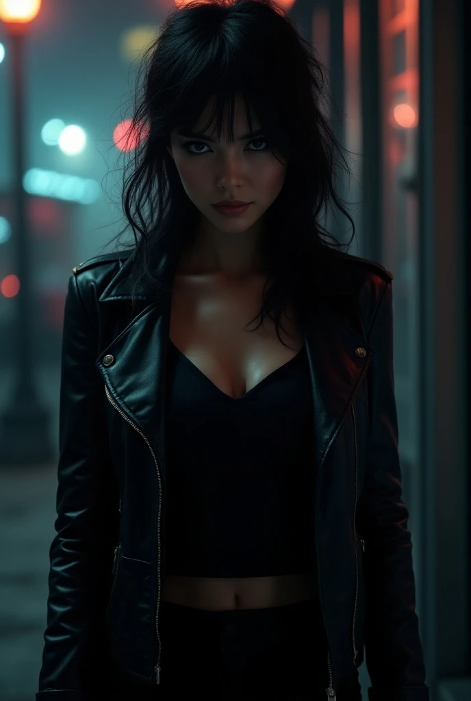 A cool, dark-haired woman is wearing a black leather jacket and smoking with a cold expression