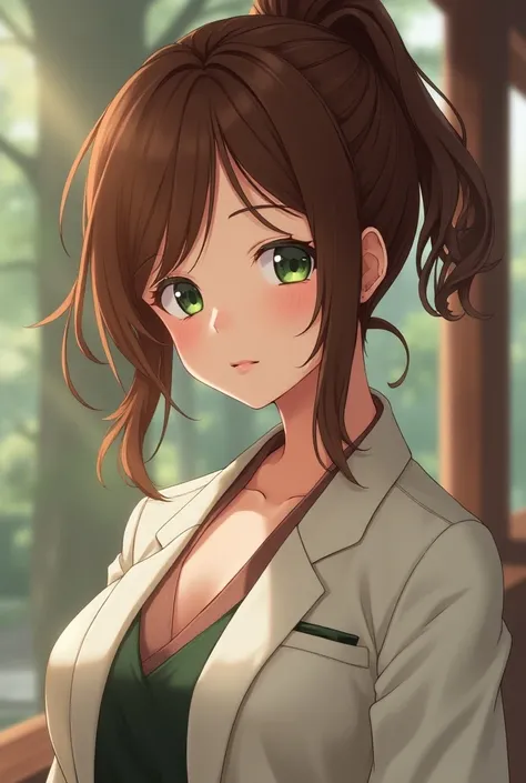 The character is an anime mother between the ages of 30 and 40, characterized by a calm and elegant appeal. She has large green eyes that give her features a charming touch, and her skin is smooth and white. Her hair is chestnut brown and her hairstyle res...