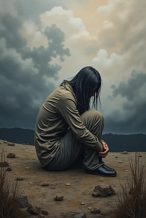  What would a textile mural with a depressed hunched person look like, desolate landscape,  gray clouds and ignoring eyes looking away.
Desolate and sad background 


