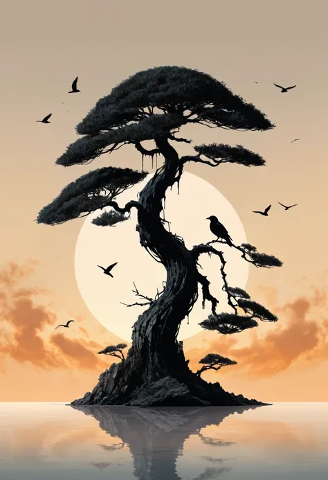 "Inkpunk Serenity" - Title: "The Solitary Flight" is an official 8K ink art masterpiece that encapsulates the essence of the inkpunk genre. A solitary bonsai tree stands tall, a beacon of life amidst the sprawling East Asian-inspired architecture that has ...