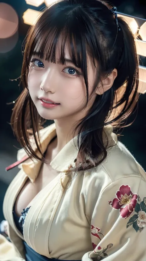 ((masterpiece, Best Quality,  Hi-Res,  Ultra High Definition)),  Japanese High School Girls,(Realistic:1.4)、excited、Great face、Pointed Mouth、 close your mouth、 wet lips、Age 15、 twin tails,(Beautiful Hair:1.5)、Floral kimono 、 Long Sleeve 、Flower Hairpin、 cl...