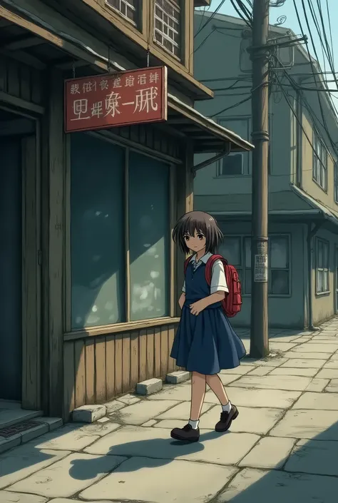 A  girl wearing a school dress is walking home alone from school past a deserted small shop