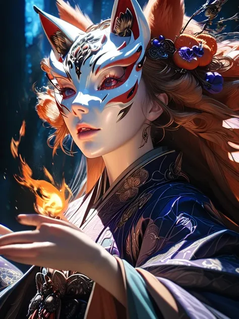 1 girl, detailed portrait of a beautiful female fox witch, wearing a kimono with fox mask, casting a fire spell, highly detailed, 8k, masterpiece, best quality, photorealistic, cinematic lighting, fantasy, magical, ethereal, elegant, mysterious, intricate ...