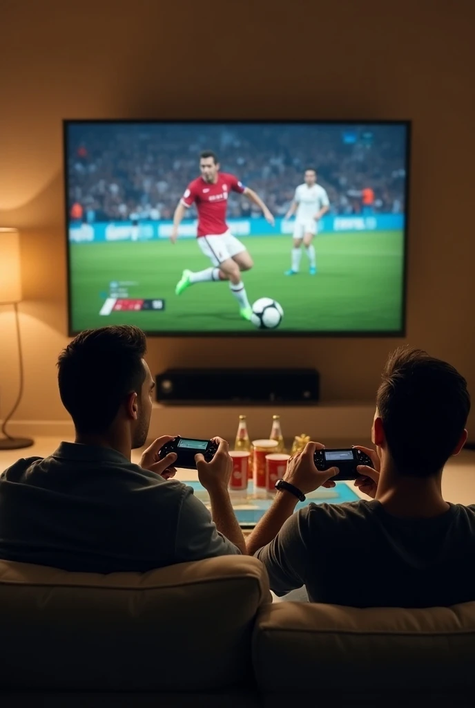 Generate an image of Cristiano Ronaldo and Lionel Messi sitting on a sleek modern couch in a luxury apartment, playing FIFA on a large flat-screen TV. The setting should be stylish. Both players should have gaming controllers in hand, intensely focused on ...