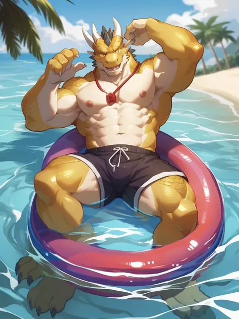 hi res,(dragon, scalie, wingless dragon), anthro,4 fingers,gold eyes,horn, blurred background, bottomwear, clothing, life ring, lifeguard, male, muscular, muscular anthro, muscular male,nipples, tail, outside, palm tree, plant, gold body,gold scales,scales...