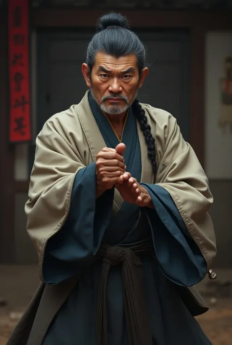  old male, Induction part,  black blue hair, Silver eyes, Korean guy wearing a martial arts , eye side band , Muscular body type,  round face , Puppy award.