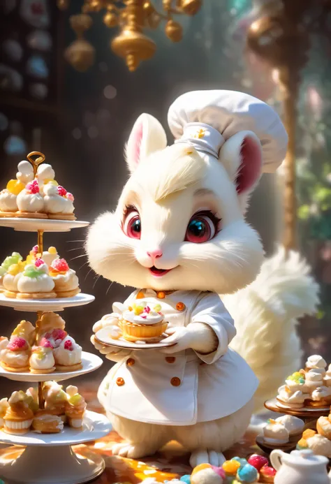 A white squirrel is wearing pastry chef clothes，Having fun making sweets ， preparing afternoon tea ，  Restaurant，
Best Quality,，Minuet ,とてもcute, ,masterpiece,  rich colors,Best Quality,  OFFICIAL ART,  Fantasy , colorful ， happiness,  Nice background  ,Sty...