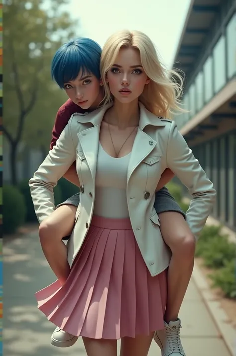 (photorealism:1.2) beautiful blonde, made up, female bully with white jacket and pink skirt giving a piggyback ride to a thin teenage male with Blue shirt and maroon hair in a school.
Female on the bottom of the image
Male on the top of the image 
