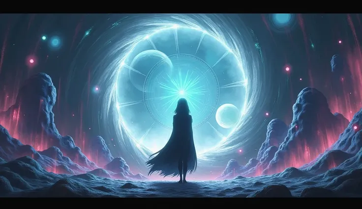 Anime scene of a silhouette of a girl wearing a cloak and standing in front of a clock in the distance,  dreamy psychedelic anime,  in the style of Cytus and Deemo , videoScreenshots of the game,  Guro anime screenshot ,  animated stills , video Screenshot...