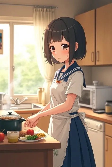 Anime girl with Japanese uniform is cooking lunch in kitchen for her husband 