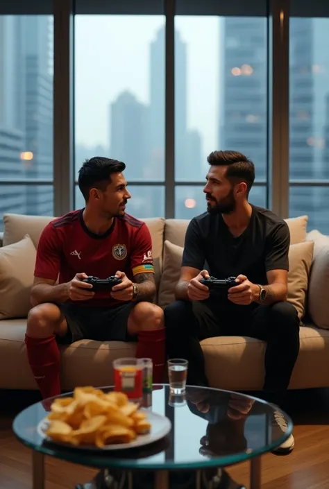 Generate an image of Cristiano Ronaldo and Lionel Messi sitting on a sleek modern couch in a luxury apartment, playing FIFA . The setting should be stylish, with a view of the city skyline in the background. Both players should have gaming controllers in h...