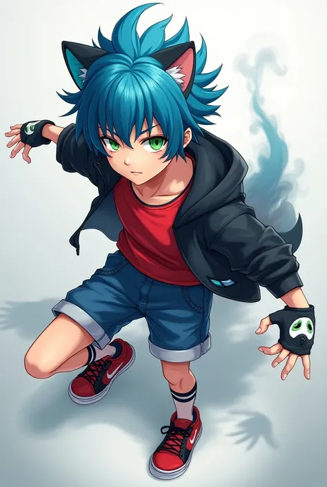 anime, Teenage boy, blue hair with fringe ,hedgehog ears , green-eyed,red shirt, Black sweatshirt,black and white gloves ,blue shorts, black and white bands on the knees, red shoes