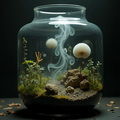 metaphysical surrealistic optical-illusion existential terrarium dreamscape Photograph Close-up Macro Cinematic Black lighting Earth tones Intricate