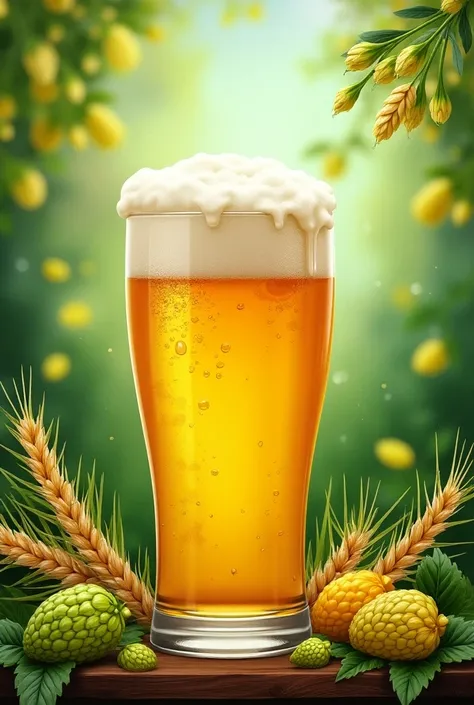 A vibrant and welcoming mural, with a background in green tones that evokes freshness and nature, where happy scenes related to beer consumption are represented. In the center of the mural, a large glass of golden beer is displayed with dense, appetizing f...