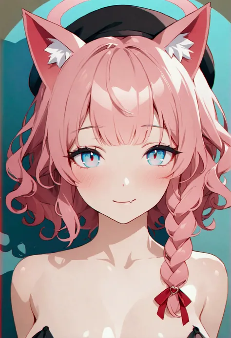 fake animal ears, light smile, ear blush, fang, pink hair, bangs, curly hair, side braid, halo, beret, animal ears, cat ears, Surrealism, drop shadow, anaglyph, stereogram, tachi-e, pov, atmospheric perspective, 8k, super detail, ccurate, best quality