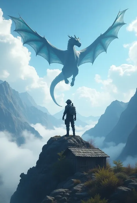 Pubg stands on top of a mountain with a small kuchugi next to the mobile persanaji. A huge dragon with a blue color is flying through the clouds in the sky